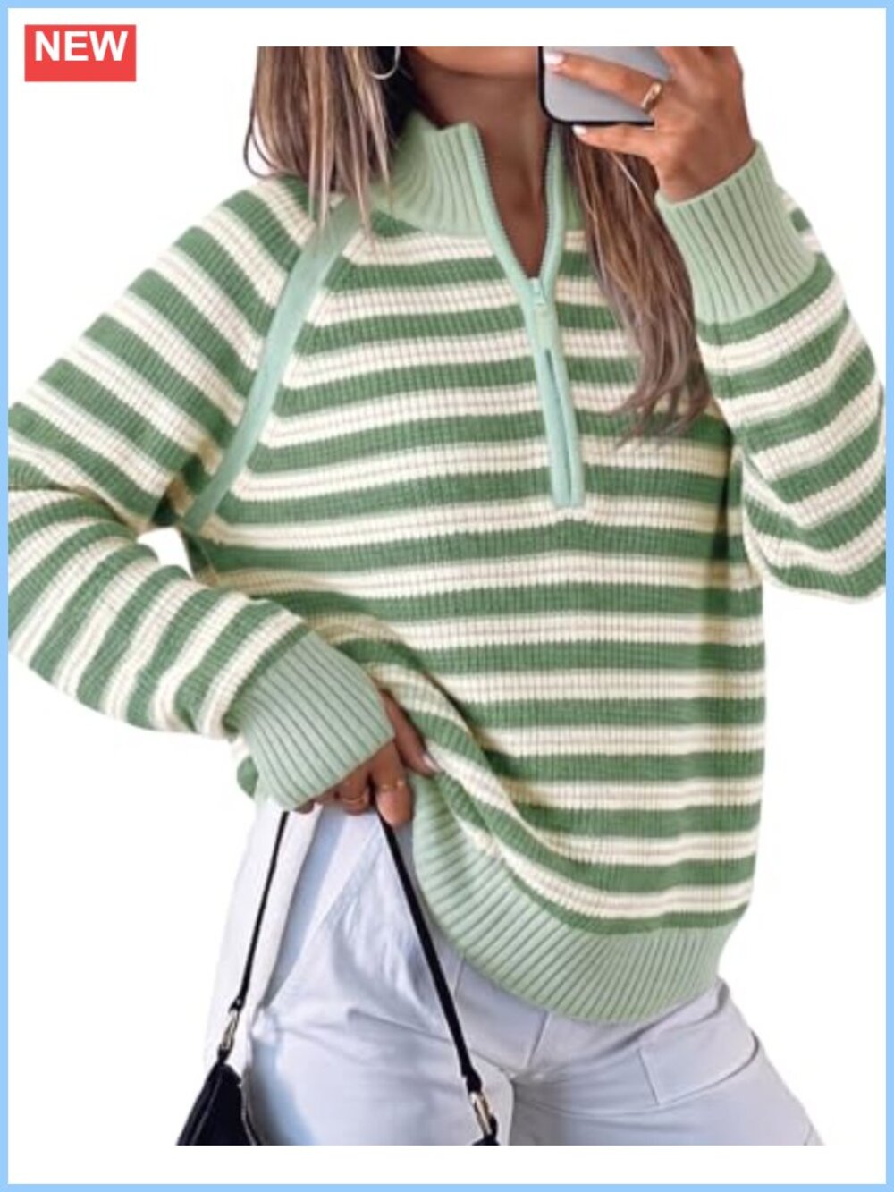 Ribbed Knit Half Zip Striped Pullover Sweater Mock Neck with Thumb Holes